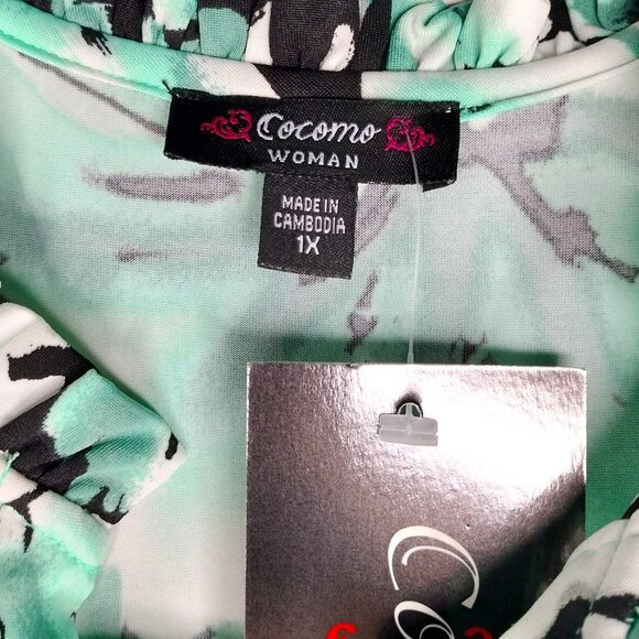 Cocomo Plus Size 1X Black & Mint Floral Print Pintuck Short Flutter Sleeve Top - Picture 5 of 6